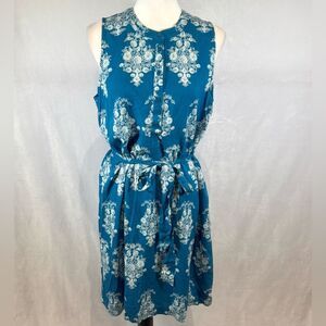 Loft teal blue button front belted shirt dress size large NWT